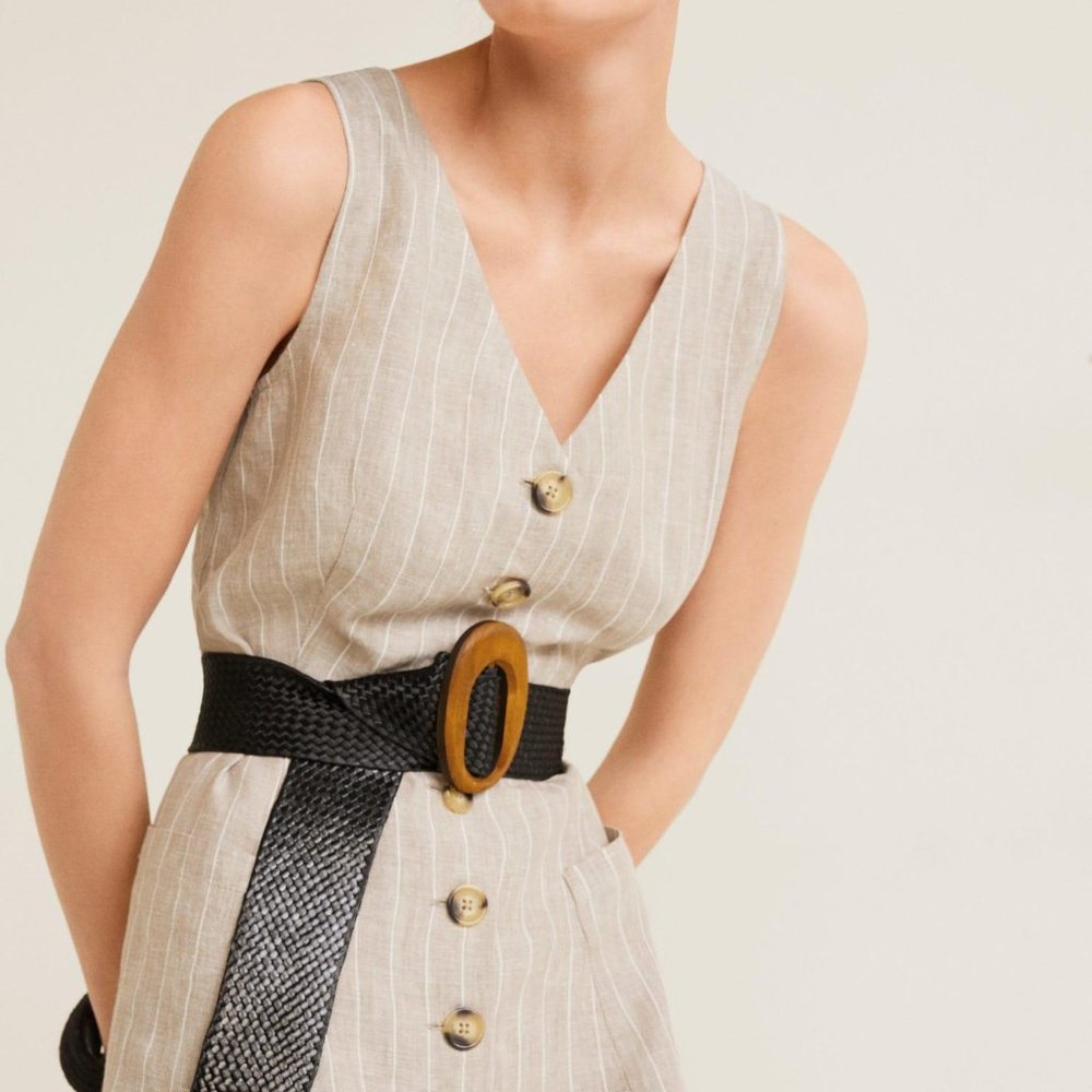 Striped linen-blend midi dress Mango